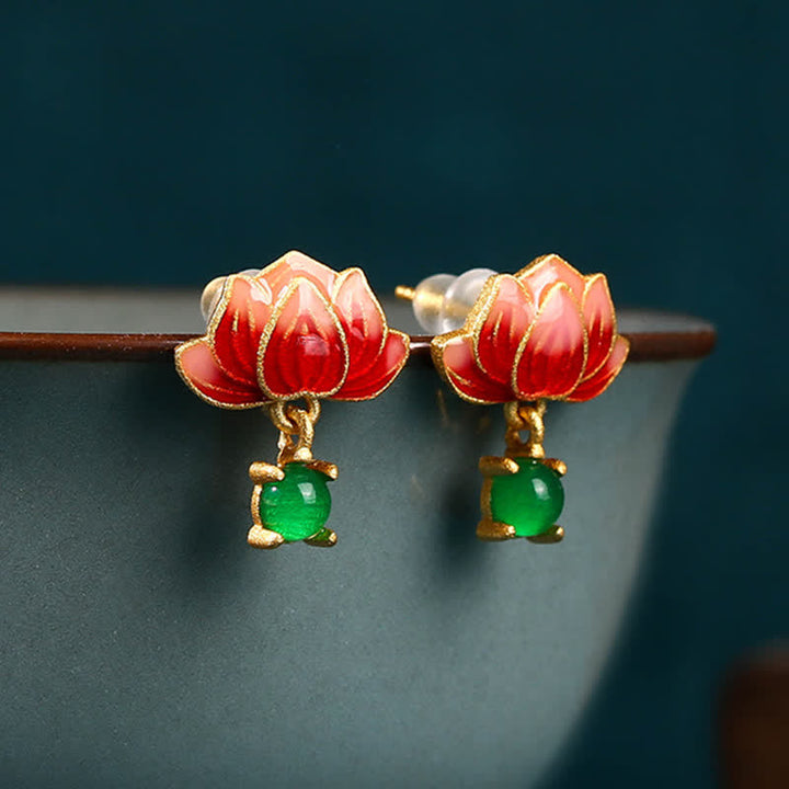 Buddha Stones Pendientes colgantes de jade, loto, esmalte dorado, nuevos comienzos. - image 1