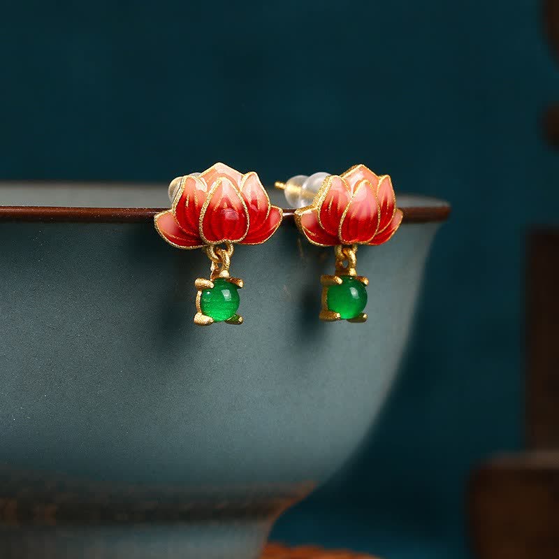 Buddha Stones Pendientes colgantes de jade, loto, esmalte dorado, nuevos comienzos. - Lotus (Iluminación ♥ Nuevos Comienzos) - Jade (Prosperidad♥Suerte) - image 0