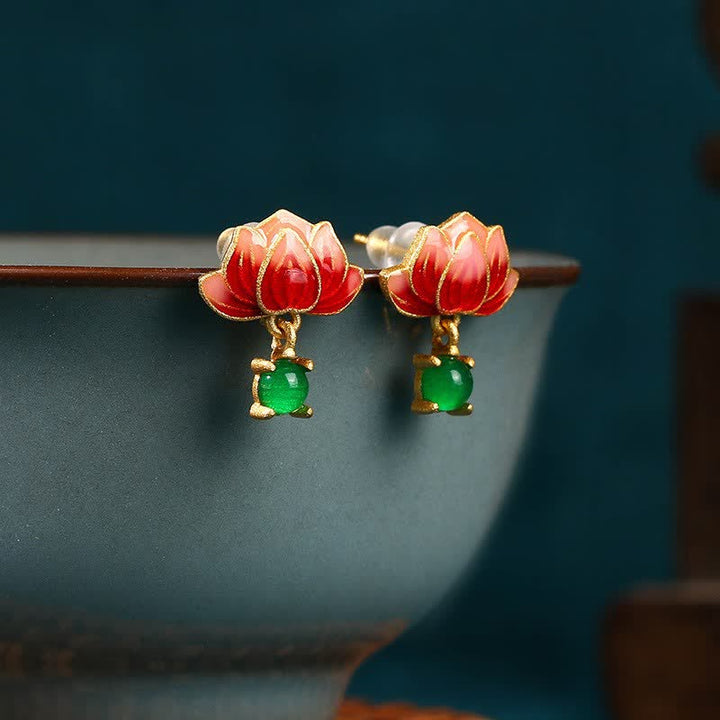 Buddha Stones Pendientes colgantes de jade, loto, esmalte dorado, nuevos comienzos. - Lotus (Iluminación ♥ Nuevos Comienzos) - Jade (Prosperidad♥Suerte) - image 0