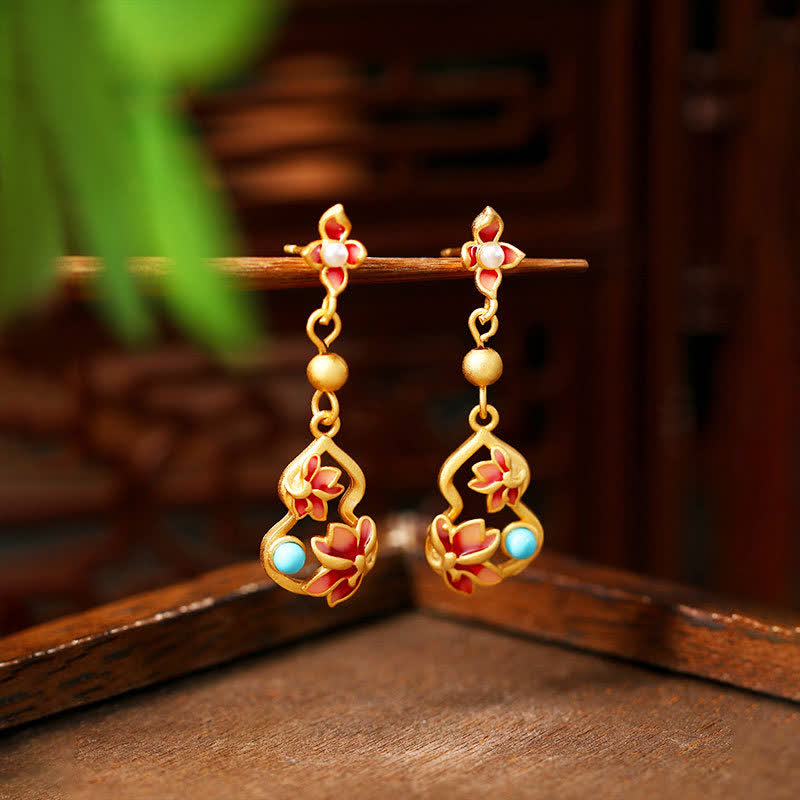 Buddha Stones Pendientes colgantes con iluminación y acento de calabaza de loto cloisonné turquesa - Lotus (Iluminación ♥ Nuevos Comienzos) - Cobre (Conexión armónica ♥ Puesta a tierra) - image 0