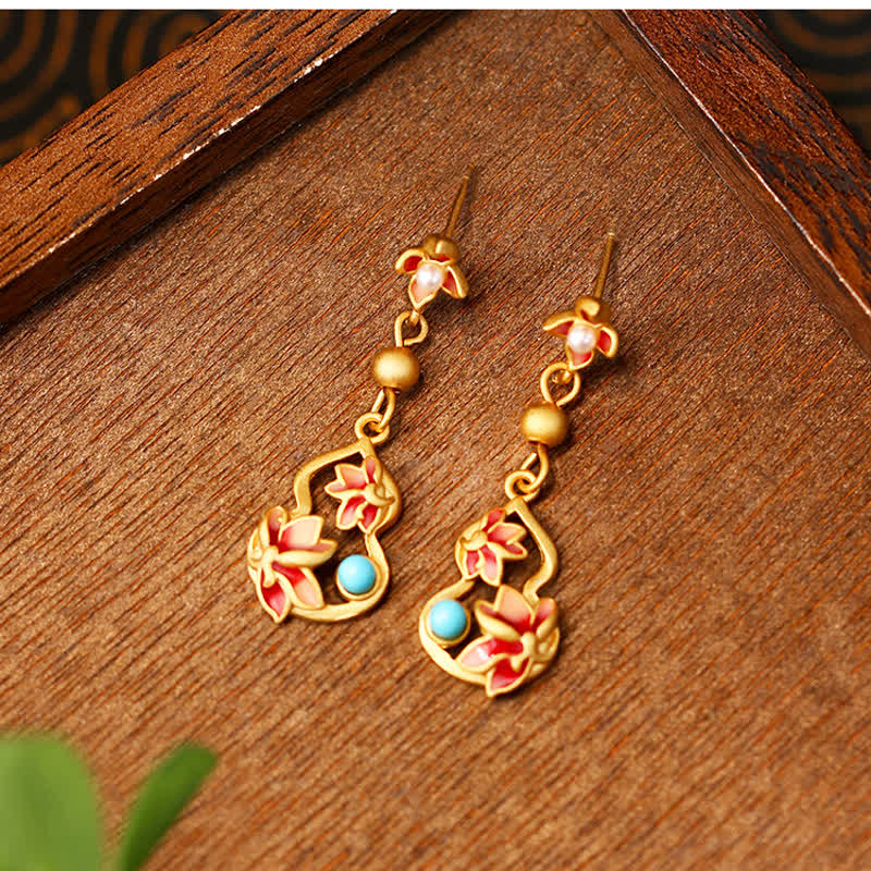Buddha Stones Pendientes colgantes con iluminación y acento de calabaza de loto cloisonné turquesa - image 1