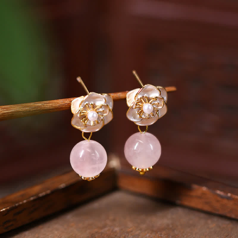 Buddha Stones Pendientes colgantes de cuarzo rosa con camelia y energía amorosa - Pendientes colgantes de cuarzo rosa camelia - Cuarzo rosa (Amor ♥ Amor propio) - image 0