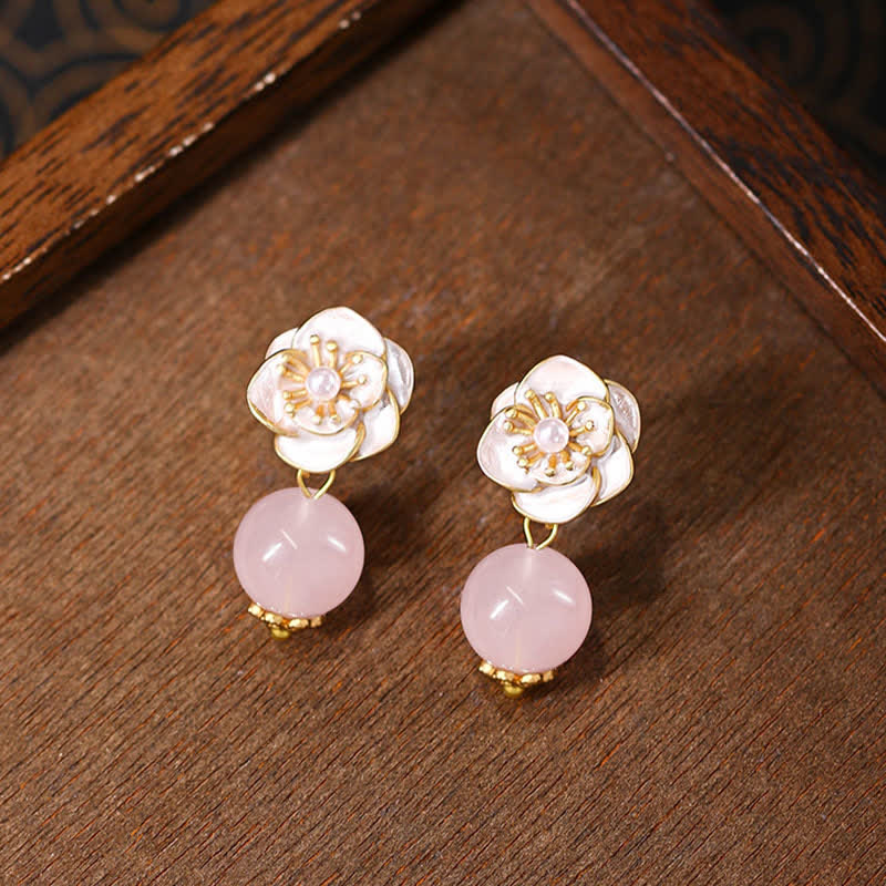 Buddha Stones Pendientes colgantes de cuarzo rosa con camelia y energía amorosa - image 1