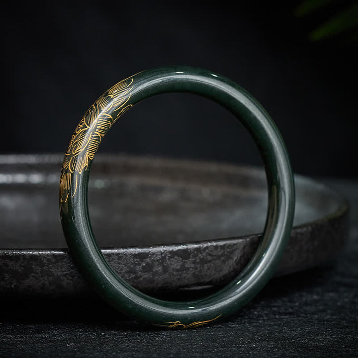 Buddha Stones Pulsera rígida de jade cian natural con loto y pez koi, símbolo de iluminación. - Jade cian (60–62 mm) - image 0