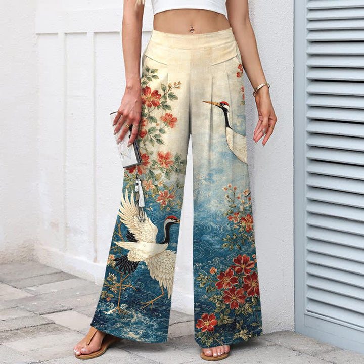 Buddha Stones Pantalones de mujer de algodón y lino con estampado floral de grullas, cintura elástica y pernera ancha con bolsillos. - Azul - US16，UK/AU20，EU48 (3XL) - image 0
