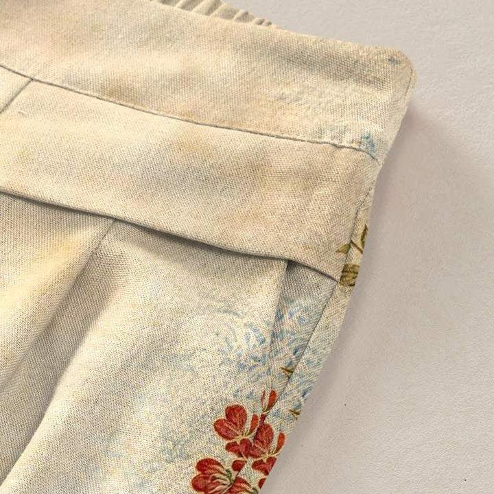 Buddha Stones Pantalones de mujer de algodón y lino con estampado floral de grullas, cintura elástica y pernera ancha con bolsillos. - image 1