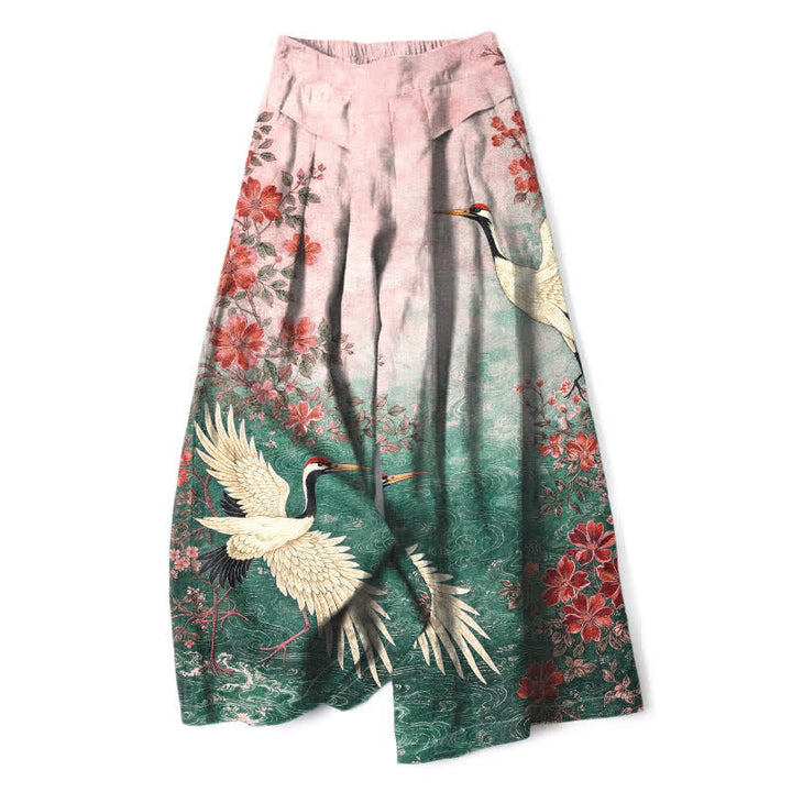 Buddha Stones Pantalones de mujer de algodón y lino con estampado floral de grullas, cintura elástica y pernera ancha con bolsillos. - Verdemar - US16，UK/AU20，EU48 (3XL) - image 3