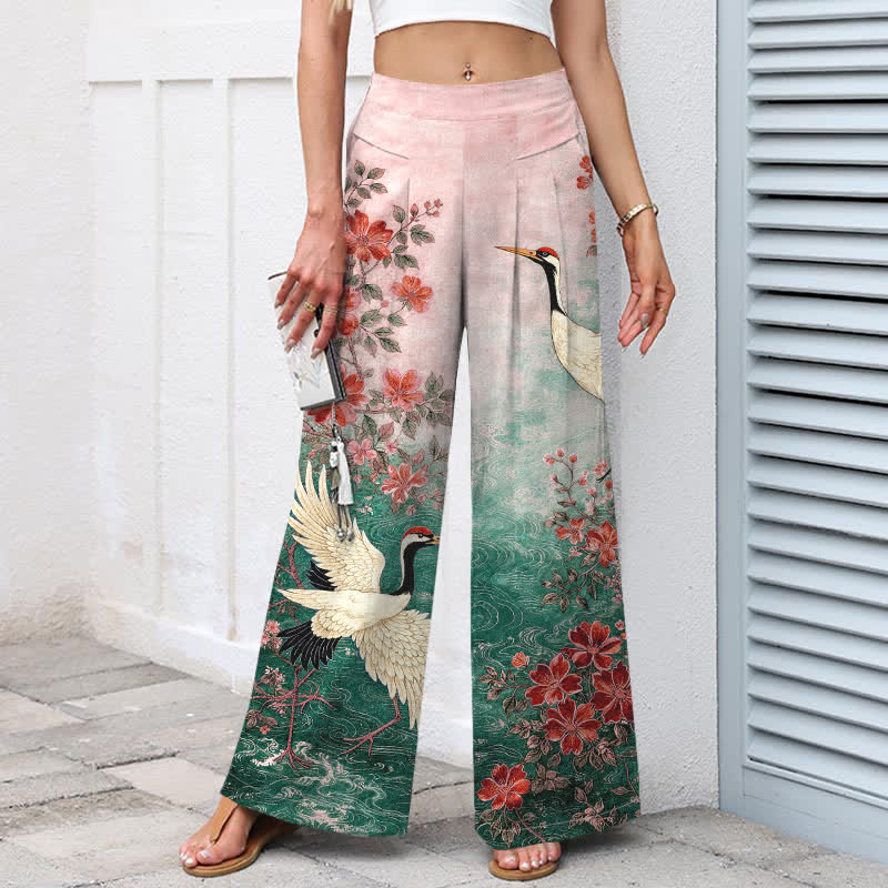 Buddha Stones Pantalones de mujer de algodón y lino con estampado floral de grullas, cintura elástica y pernera ancha con bolsillos. - image 4