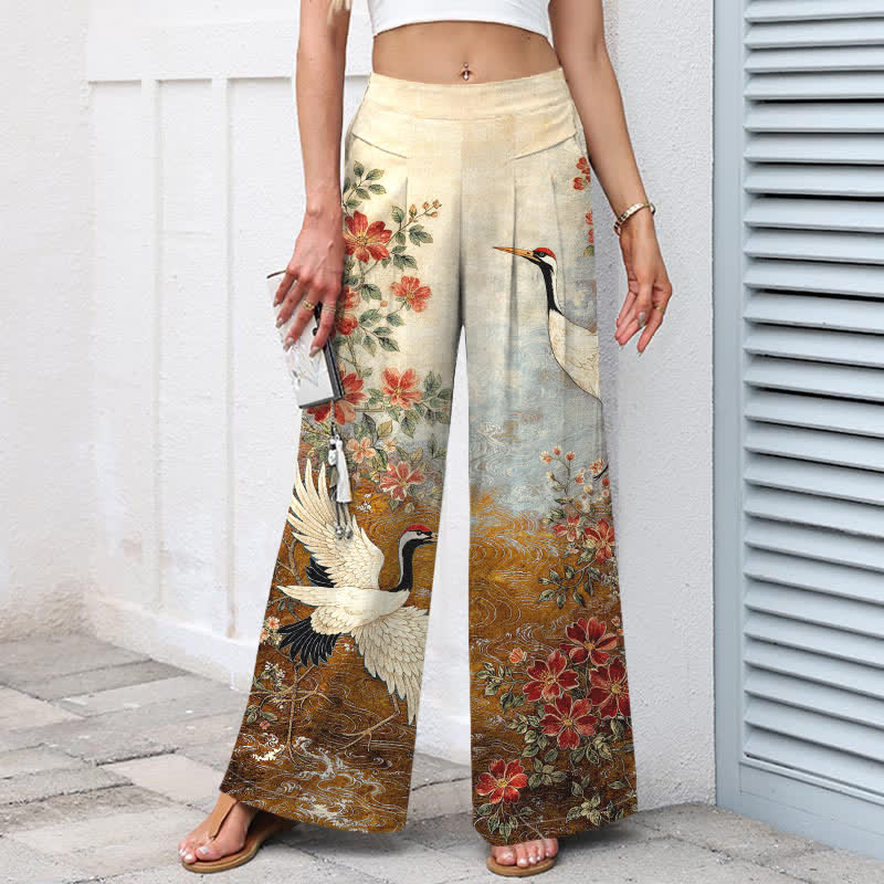 Buddha Stones Pantalones de mujer de algodón y lino con estampado floral de grullas, cintura elástica y pernera ancha con bolsillos. - image 8