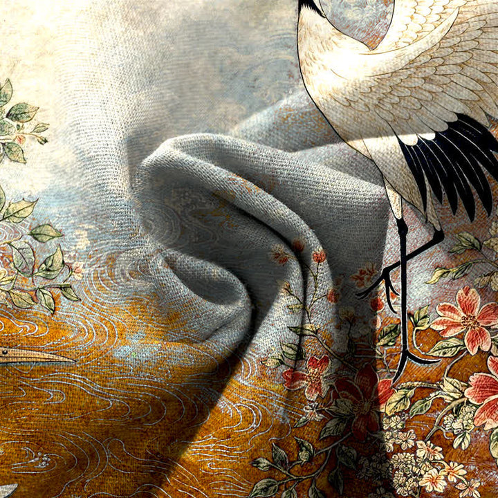 Buddha Stones Pantalones de mujer de algodón y lino con estampado floral de grullas, cintura elástica y pernera ancha con bolsillos. - image 10
