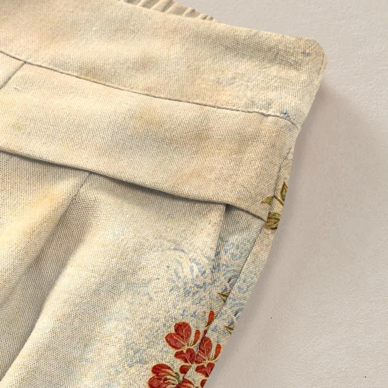 Buddha Stones Pantalones de mujer de algodón y lino con estampado floral de grullas, cintura elástica y pernera ancha con bolsillos. - image 9