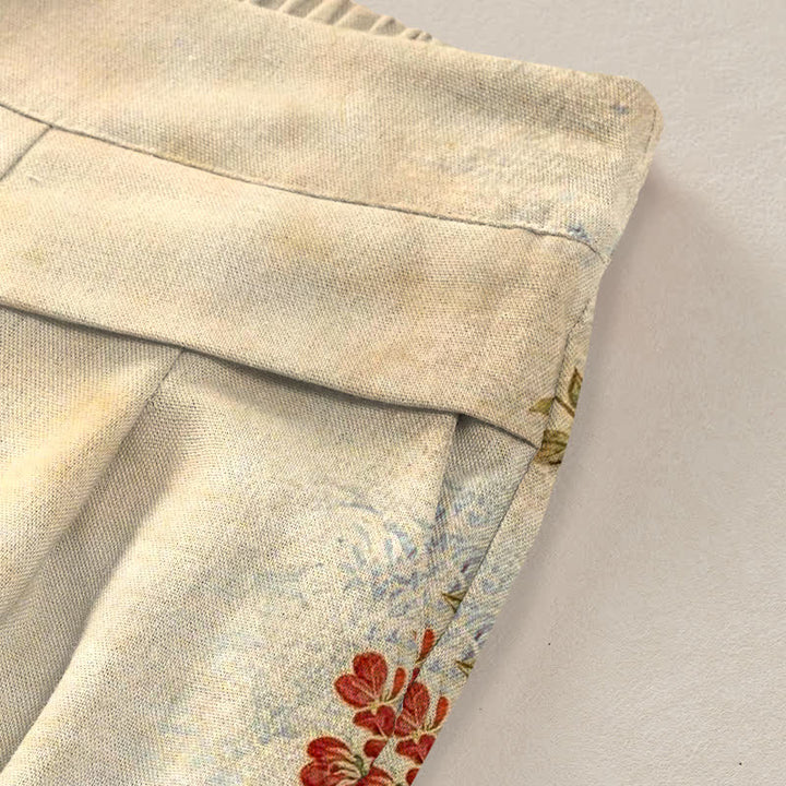 Buddha Stones Pantalones de mujer de algodón y lino con estampado floral de grullas, cintura elástica y pernera ancha con bolsillos. - image 9