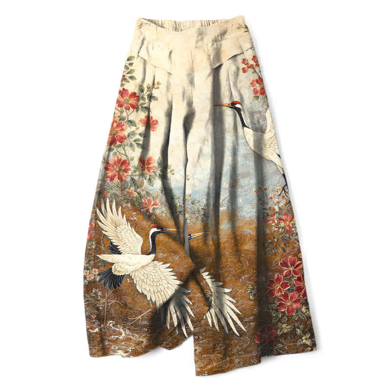 Buddha Stones Pantalones de mujer de algodón y lino con estampado floral de grullas, cintura elástica y pernera ancha con bolsillos. - vara de oro - US16，UK/AU20，EU48 (3XL) - image 7