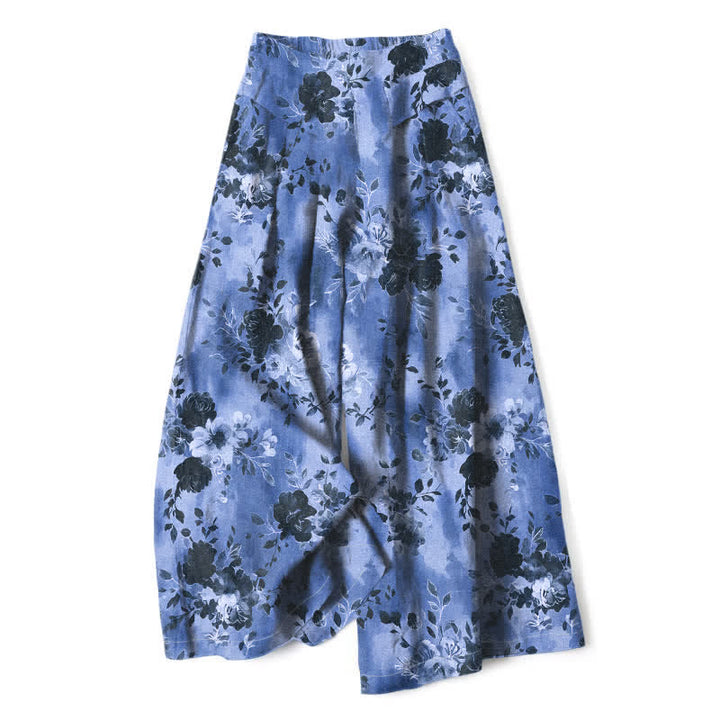 Buddha Stones Pantalones de mujer de algodón y lino con estampado floral, cintura elástica y pernera ancha con bolsillos. - Azul aciano - US16，UK/AU20，EU48 (3XL) - image 0