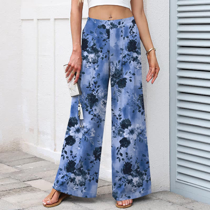 Buddha Stones Pantalones de mujer de algodón y lino con estampado floral, cintura elástica y pernera ancha con bolsillos. - image 1