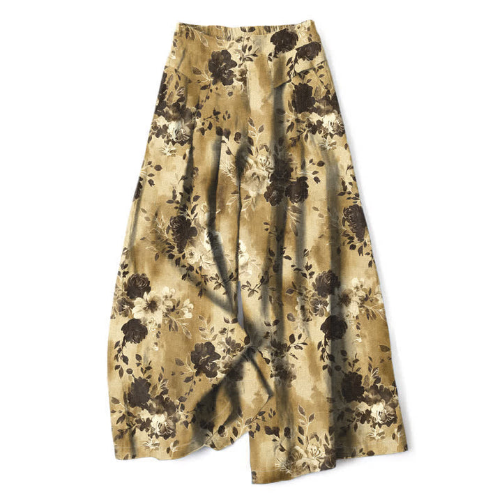 Buddha Stones Pantalones de mujer de algodón y lino con estampado floral, cintura elástica y pernera ancha con bolsillos. - Caqui - US16，UK/AU20，EU48 (3XL) - image 4