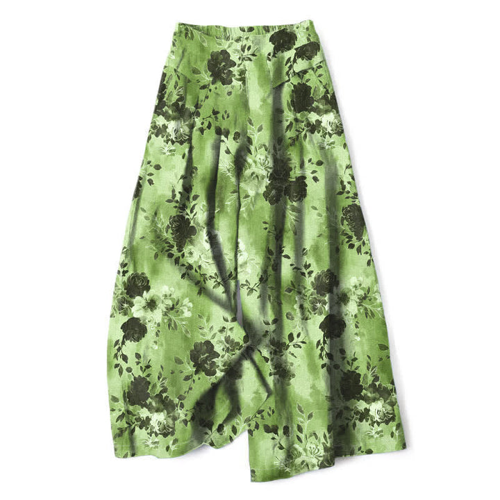 Buddha Stones Pantalones de mujer de algodón y lino con estampado floral, cintura elástica y pernera ancha con bolsillos. - Verde claro - US16，UK/AU20，EU48 (3XL) - image 8