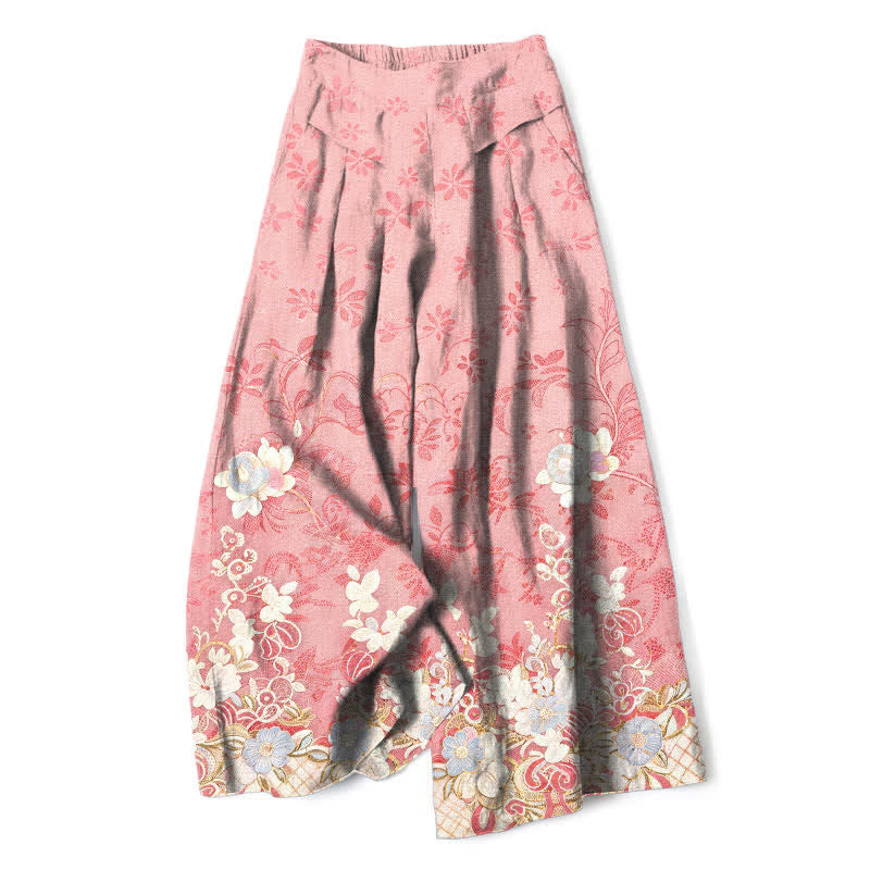 Buddha Stones Pantalones de mujer de lino y algodón con estampado floral romántico, cintura elástica y pernera ancha con bolsillos. - rosa claro - US16，UK/AU20，EU48 (3XL) - image 0