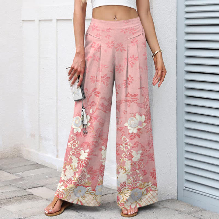 Buddha Stones Pantalones de mujer de lino y algodón con estampado floral romántico, cintura elástica y pernera ancha con bolsillos. - image 1
