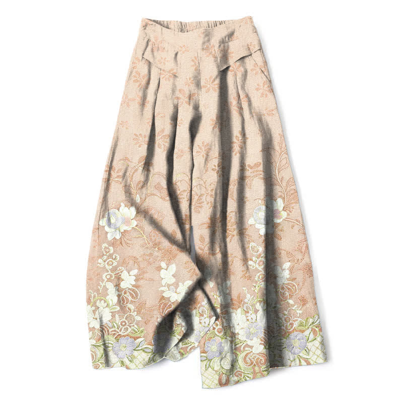 Buddha Stones Pantalones de mujer de lino y algodón con estampado floral romántico, cintura elástica y pernera ancha con bolsillos. - Trigo - US16，UK/AU20，EU48 (3XL) - image 4