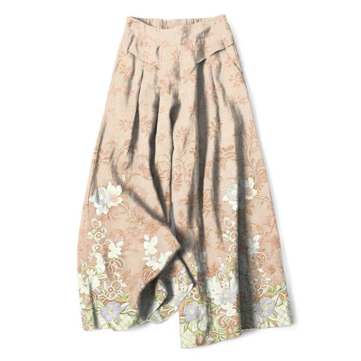 Buddha Stones Pantalones de mujer de lino y algodón con estampado floral romántico, cintura elástica y pernera ancha con bolsillos. - Trigo - US16，UK/AU20，EU48 (3XL) - image 4