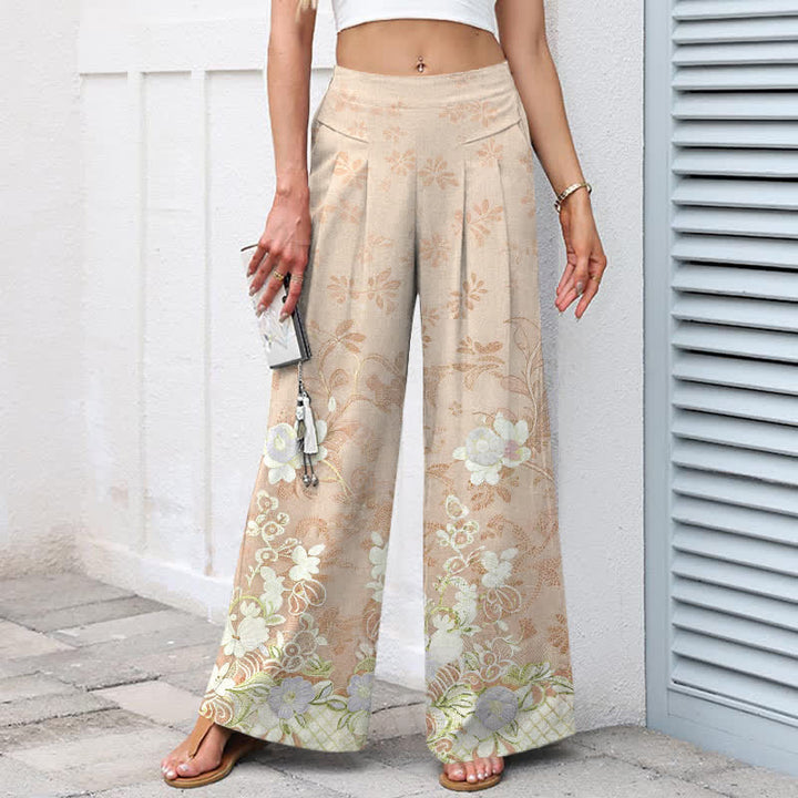 Buddha Stones Pantalones de mujer de lino y algodón con estampado floral romántico, cintura elástica y pernera ancha con bolsillos. - image 5