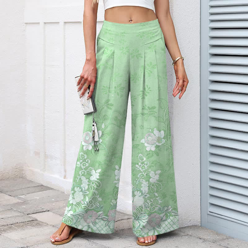 Buddha Stones Pantalones de mujer de lino y algodón con estampado floral romántico, cintura elástica y pernera ancha con bolsillos. - image 9