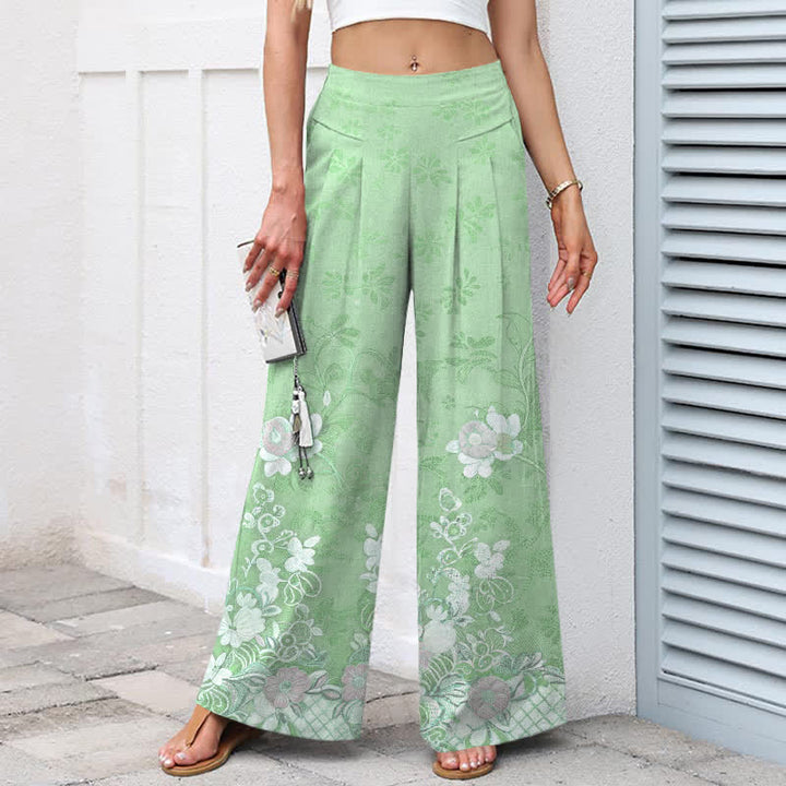 Buddha Stones Pantalones de mujer de lino y algodón con estampado floral romántico, cintura elástica y pernera ancha con bolsillos. - image 9
