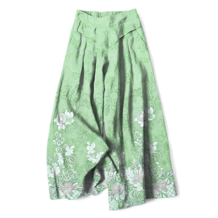 Buddha Stones Pantalones de mujer de lino y algodón con estampado floral romántico, cintura elástica y pernera ancha con bolsillos. - Verde pálido - US16，UK/AU20，EU48 (3XL) - image 8