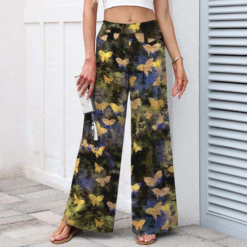 Buddha Stones Pantalones de mujer de algodón y lino con estampado de mariposas, cintura elástica y pernera ancha con bolsillos. - image 1