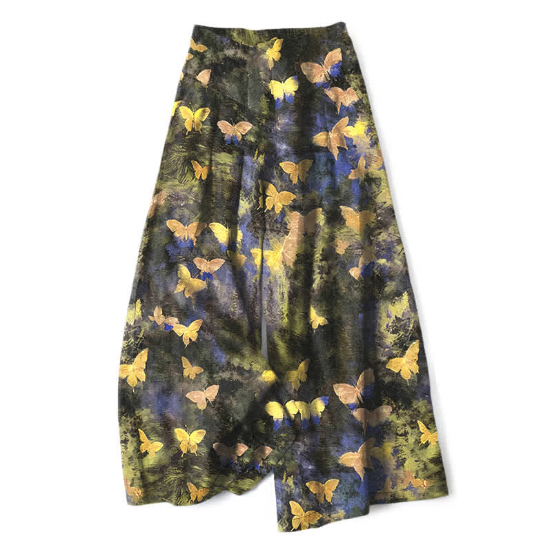 Buddha Stones Pantalones de mujer de algodón y lino con estampado de mariposas, cintura elástica y pernera ancha con bolsillos. - Amarillo - US16，UK/AU20，EU48 (3XL) - image 0