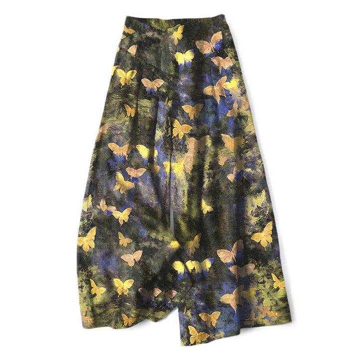 Buddha Stones Pantalones de mujer de algodón y lino con estampado de mariposas, cintura elástica y pernera ancha con bolsillos. - Amarillo - US16，UK/AU20，EU48 (3XL) - image 0