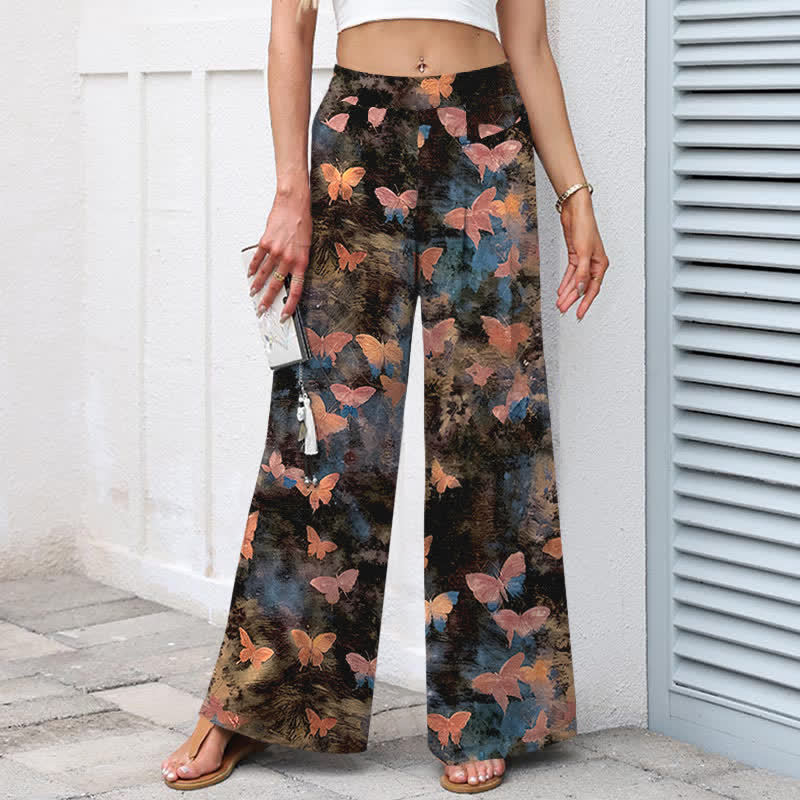 Buddha Stones Pantalones de mujer de algodón y lino con estampado de mariposas, cintura elástica y pernera ancha con bolsillos. - image 9