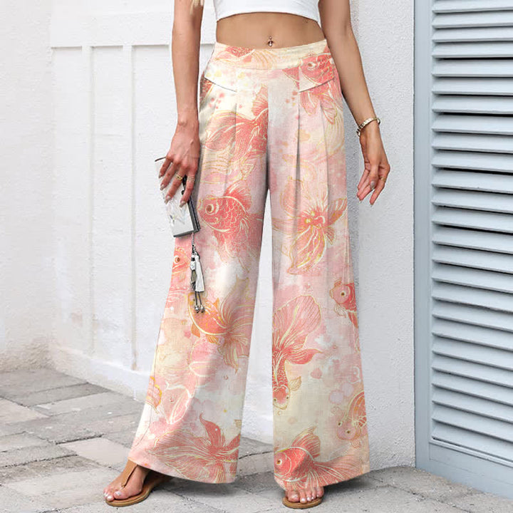 Buddha Stones Pantalones de mujer de algodón y lino con estampado floral de peces koi, cintura elástica y pernera ancha con bolsillos. - image 1