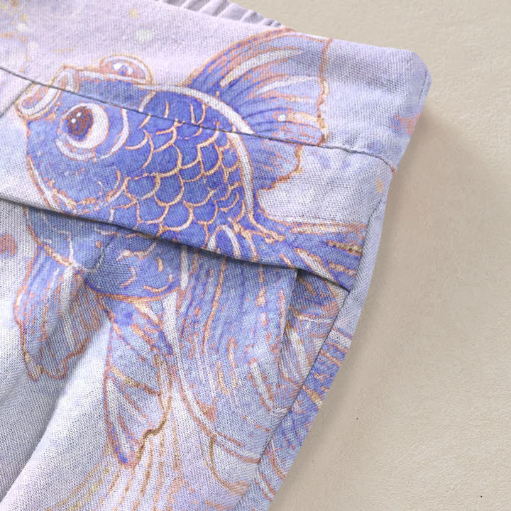 Buddha Stones Pantalones de mujer de algodón y lino con estampado floral de peces koi, cintura elástica y pernera ancha con bolsillos. - image 6