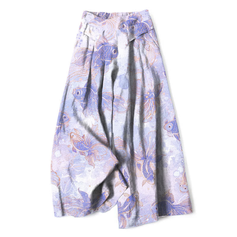 Buddha Stones Pantalones de mujer de algodón y lino con estampado floral de peces koi, cintura elástica y pernera ancha con bolsillos. - Lavanda - US16，UK/AU20，EU48 (3XL) - image 4