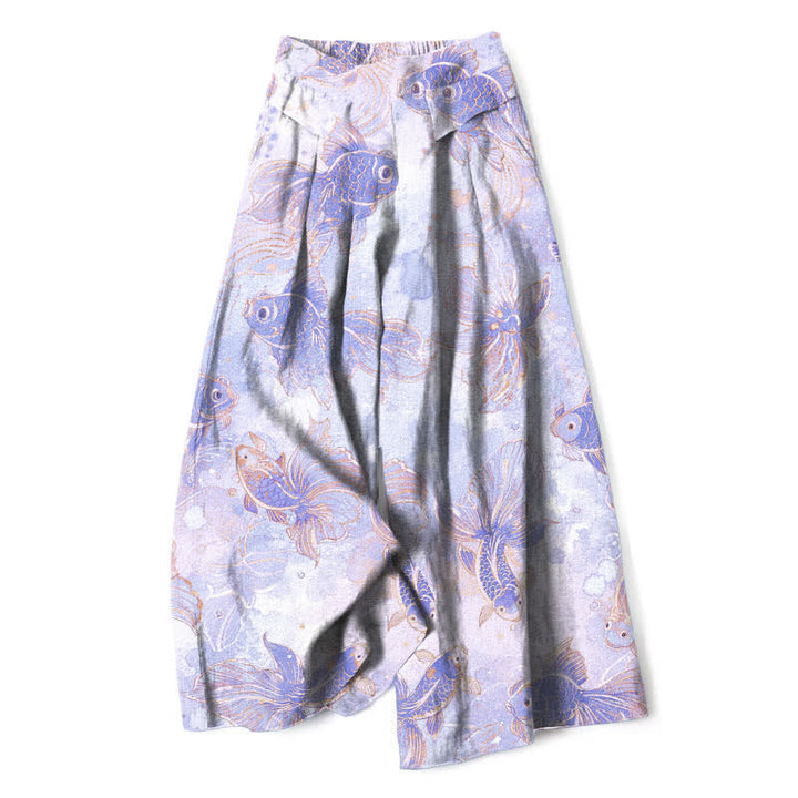 Buddha Stones Pantalones de mujer de algodón y lino con estampado floral de peces koi, cintura elástica y pernera ancha con bolsillos. - Lavanda - US16，UK/AU20，EU48 (3XL) - image 4