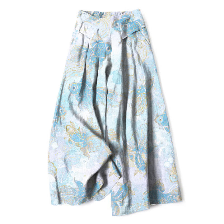Buddha Stones Pantalones de mujer de algodón y lino con estampado floral de peces koi, cintura elástica y pernera ancha con bolsillos. - Turquesa pálido - US16，UK/AU20，EU48 (3XL) - image 8
