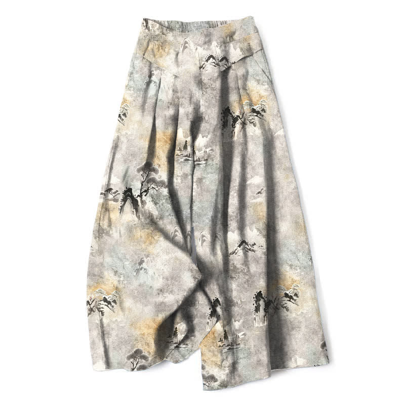 Buddha Stones Pantalones de mujer de algodón y lino con estampado de lavado a la tinta, cintura elástica, pernera ancha y bolsillos. - Gris claro - US16，UK/AU20，EU48 (3XL) - image 0