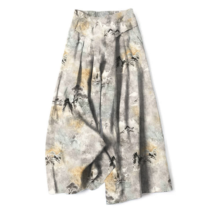 Buddha Stones Pantalones de mujer de algodón y lino con estampado de lavado a la tinta, cintura elástica, pernera ancha y bolsillos. - Gris claro - US16，UK/AU20，EU48 (3XL) - image 0
