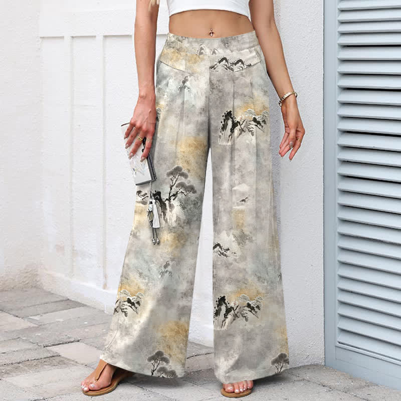Buddha Stones Pantalones de mujer de algodón y lino con estampado de lavado a la tinta, cintura elástica, pernera ancha y bolsillos. - image 1