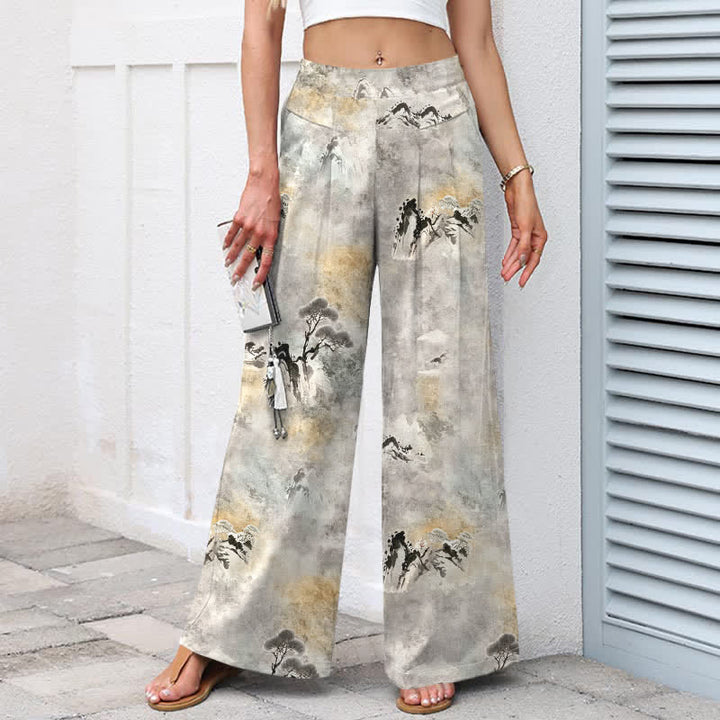 Buddha Stones Pantalones de mujer de algodón y lino con estampado de lavado a la tinta, cintura elástica, pernera ancha y bolsillos. - image 1