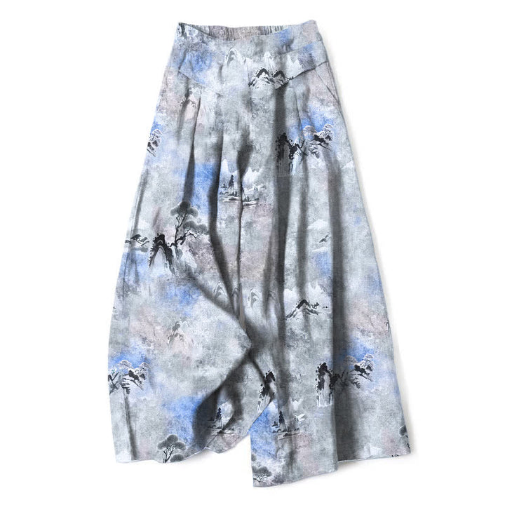 Buddha Stones Pantalones de mujer de algodón y lino con estampado de lavado a la tinta, cintura elástica, pernera ancha y bolsillos. - Azul acero claro - US16，UK/AU20，EU48 (3XL) - image 4