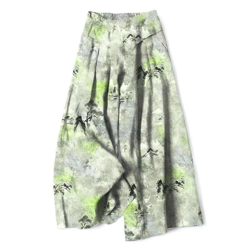 Buddha Stones Pantalones de mujer de algodón y lino con estampado de lavado a la tinta, cintura elástica, pernera ancha y bolsillos. - Verde claro - US16，UK/AU20，EU48 (3XL) - image 8
