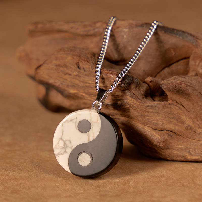 Buddha Stones Collar de fuerza Yin Yang Tai Chi con obsidiana negra natural y turquesa blanca. - image 1