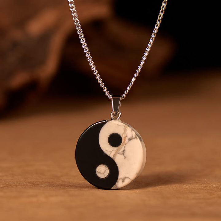 Buddha Stones Collar de fuerza Yin Yang Tai Chi con obsidiana negra natural y turquesa blanca. - yin y yang - image 0