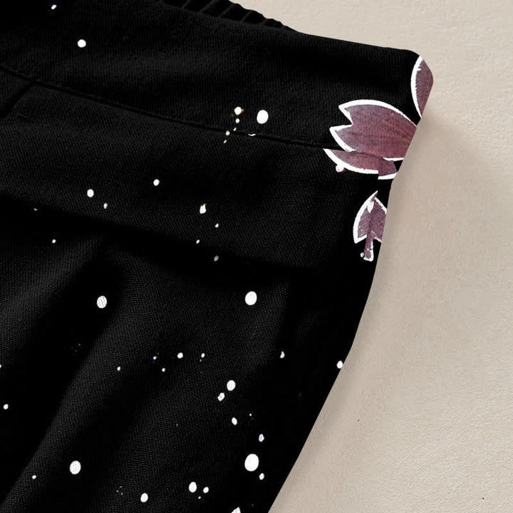 Buddha Stones Pantalones de mujer de lino y algodón con estampado Sakura en color negro, cintura elástica y pernera ancha con bolsillos. - image 2