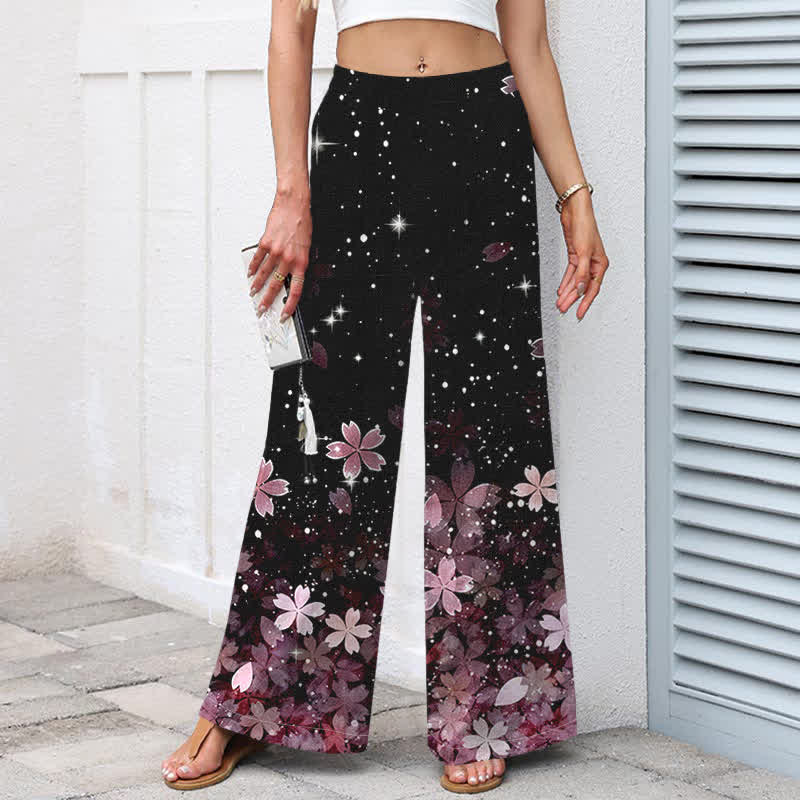 Buddha Stones Pantalones de mujer de lino y algodón con estampado Sakura en color negro, cintura elástica y pernera ancha con bolsillos. - image 1