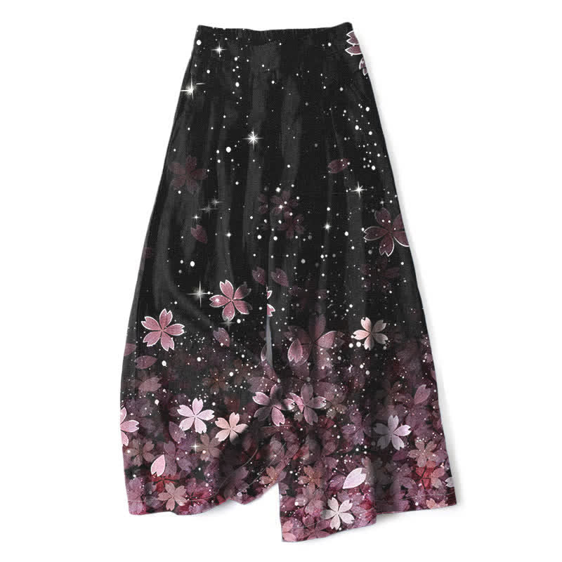 Buddha Stones Pantalones de mujer de lino y algodón con estampado Sakura en color negro, cintura elástica y pernera ancha con bolsillos. - Rosa - US16，UK/AU20，EU48 (3XL) - image 0
