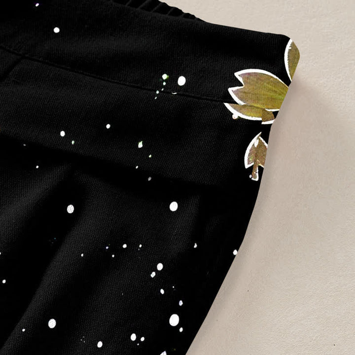 Buddha Stones Pantalones de mujer de lino y algodón con estampado Sakura en color negro, cintura elástica y pernera ancha con bolsillos. - image 6